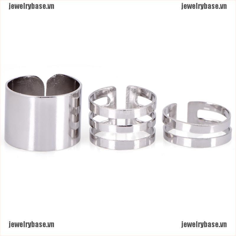 [Base] 3Pcs/Set Punk Stack Plain Band Knuckle Midi Mid Finger Open Rings Set Jewelry [VN]