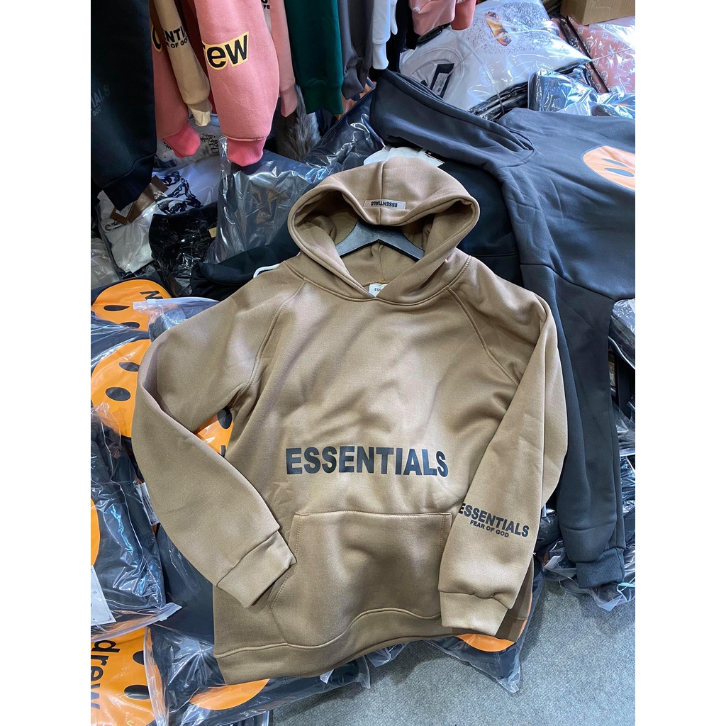 FREE SHIP  Áo hoodie nỉ Essentials unisex dài tay nam nữ cao cấp in cao su nổi, áo phông nỉ bông sweater có mũ màu nâu | BigBuy360 - bigbuy360.vn