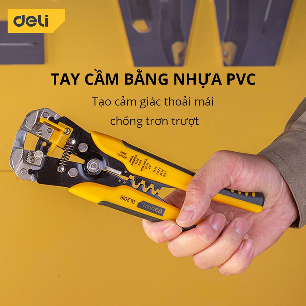 Kìm Tuốt Dây Điện Bấm Cos Đa Năng Deli - Chất Liệu Thép Cao Cấp, Điều Chỉnh Lực Tuốt Dây Dễ Dàng - DL2018