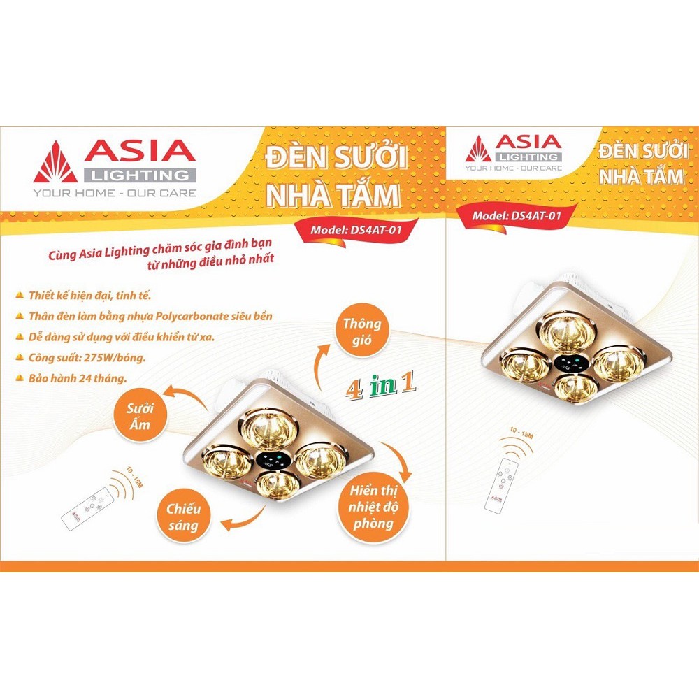 Đèn sưởi nhà tắm âm trần 4 bóng ASIA- Điều khiển từ xa