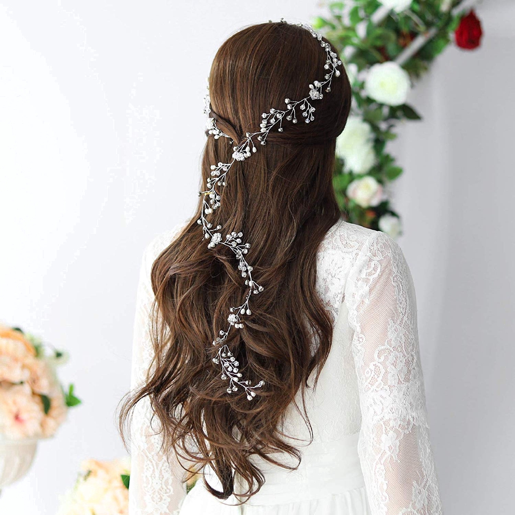 Phụ kiện tóc cô dâu đính ngọc trai và pha lê tạo hình hoa thủ công thanh lịch
