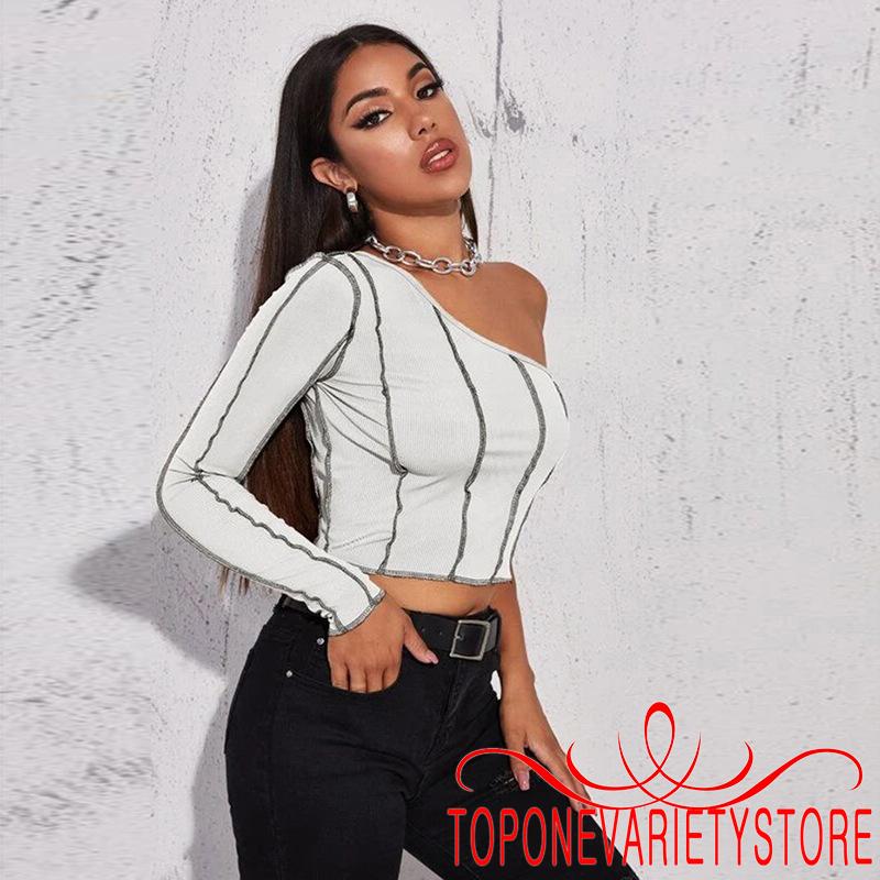 Áo Crop Top Nữ Trễ Vai Dài Tay Sọc Ngang Thời Trang