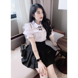 Áo sơ mi nữ Trắng cộc tay cổ viền bèo phối nơ đen