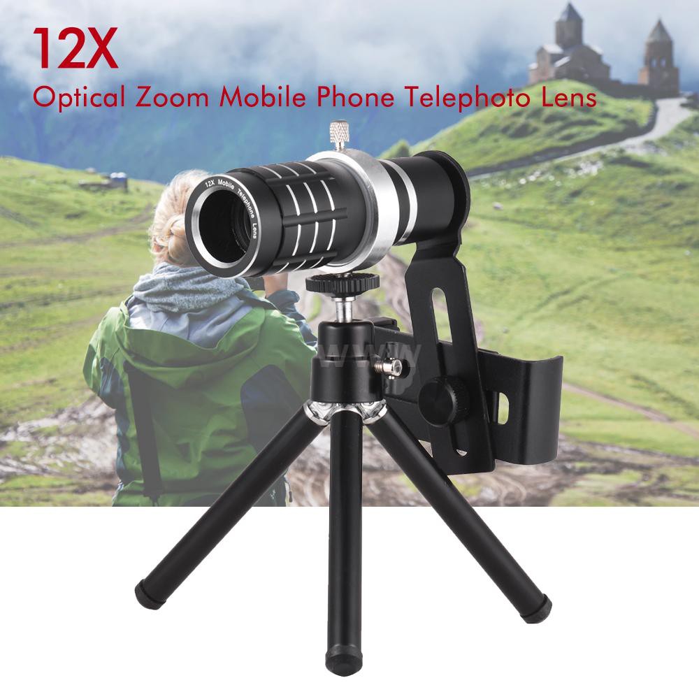 12X Optical Zoom Mobile Phone Telephoto Lens with Tripod for iPhone Samsung HTC Nokia Sony Black
