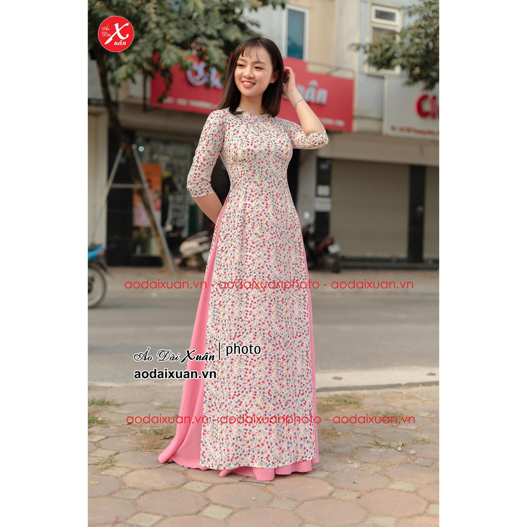 Áo dài voan trắng hoa nhí hồng cỡ S, cỡ M, cỡ L, cỡ XL cỡ 2XL áo dài Việt Nam