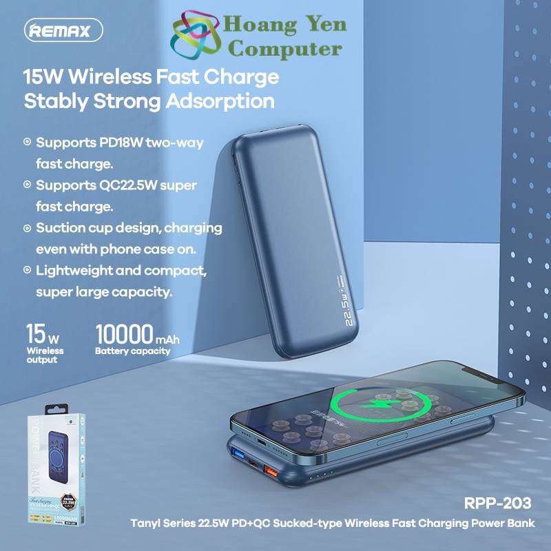 Sạc Dự Phòng Không Dây Remax RPP-203 10000mAh (Sạc Nhanh QC3.0 18W, 22.5W, PD 18W, VOOC 2.0) - BH 1 Năm