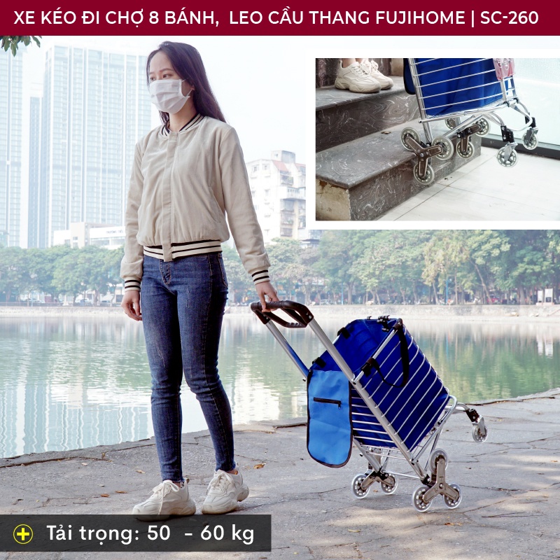 Xe kéo đi chợ leo cầu thang 8 bánh Nhật Bản Nhập Khẩu 60kg, xe đẩy hàng đi chợ gấp gọn có giỏ túi đa năng inox mini