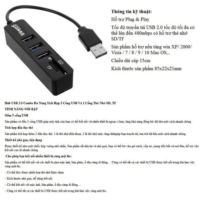 Bộ Hub USB 2.0 Combo Có Tích Hợp 3 Cổng USB Và 2 Cổng Thẻ Nhớ SD, TF