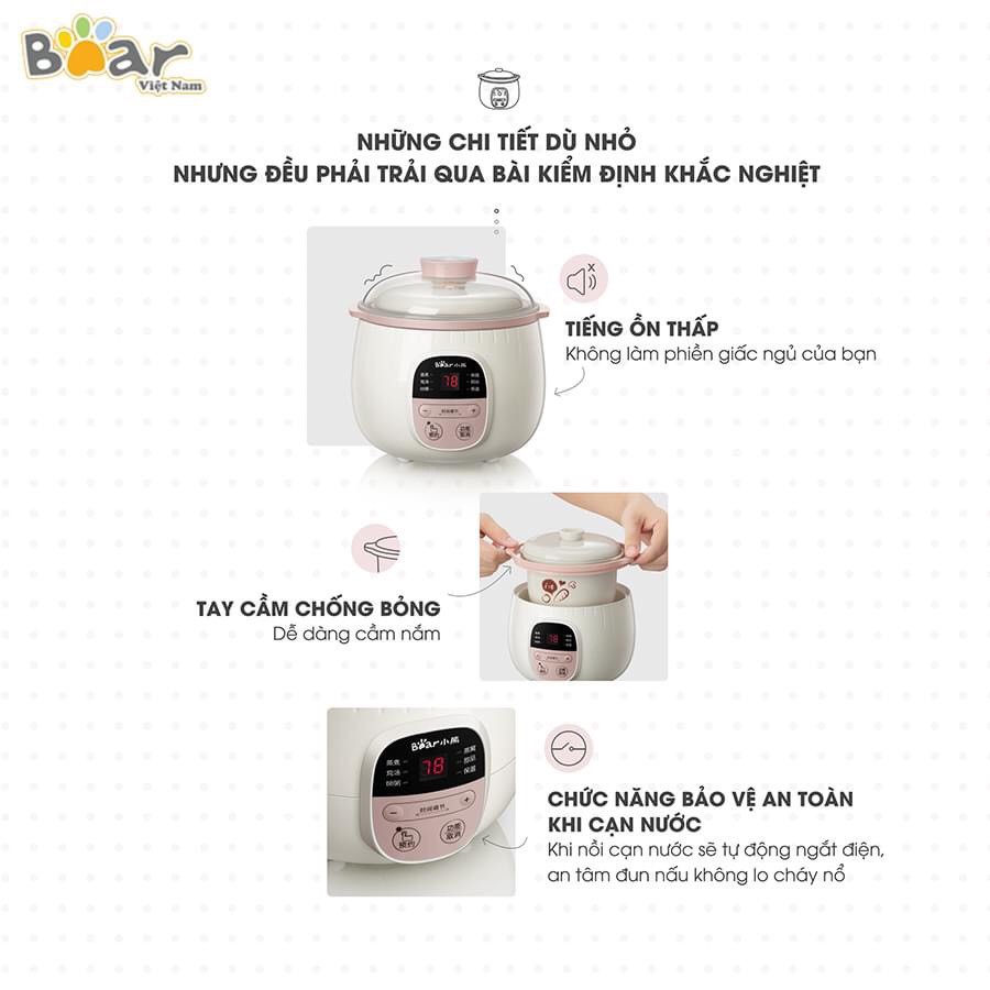 [CHÍNH HÃNG] Nồi nấu cháo cách thuỷ Bear, ninh- hầm- hấp 4 IN 1- Tặng lồng hấp