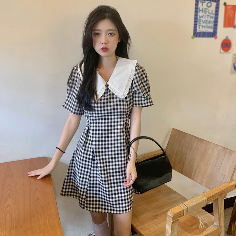 Đầm Tay Ngắn Cổ Búp Bê Họa Tiết Sọc Caro Phong Cách Hàn Quốc Thời Trang Mùa Hè Xinh Xắn