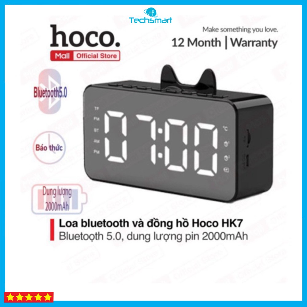 Loa Bluetooth tích hợp đồng hồ báo thức và FM Hoco HK7 dung lượng pin 2000mAh, có đèn LED thông minh tiện ích