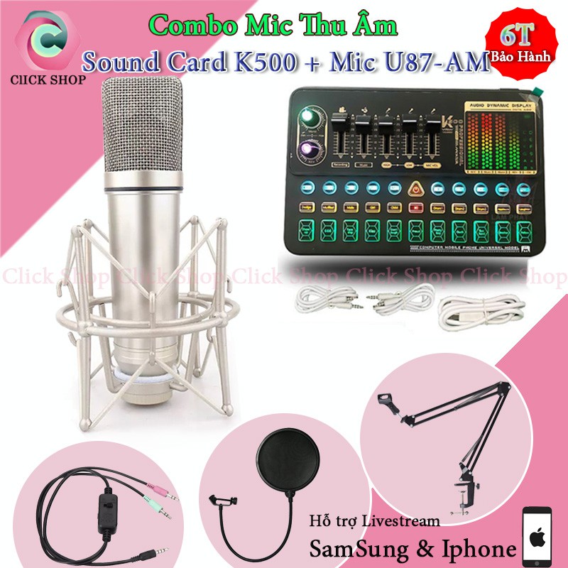 Mic Thu Âm Karaoke U87 MA và Sound Card K500 Có Bluetooth Auto-tune Đèn Led Đi Kèm Dây MA2 Chân Kẹp Màng Lọc