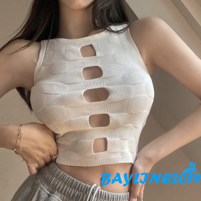 Áo Croptop Dệt Kim Sát Nách Màu Trơn Khoét Rỗng Màu Sắc Đơn Giản Cho Nữ