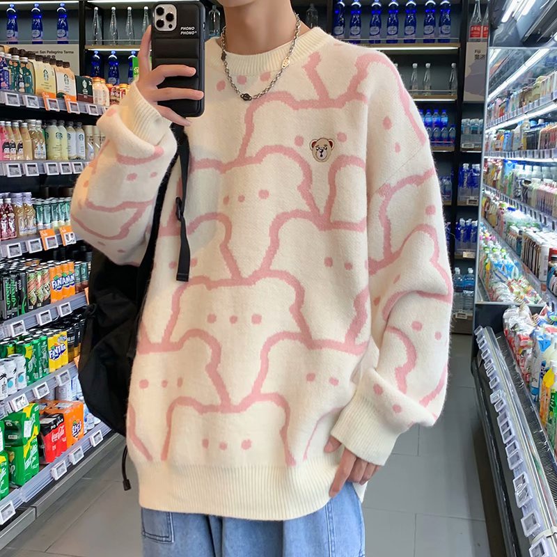 Áo sweater cổ tròn tay dài mềm mại thoải mái in hình gấu hoạt hình phong cách Hàn Quốc cho nam