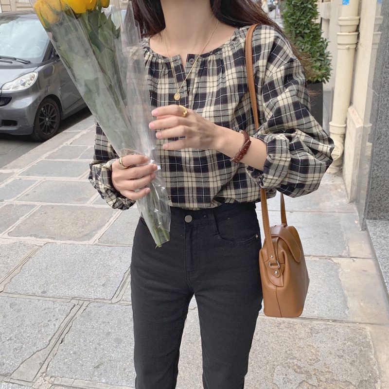 SUXI Áo Sơ Mi Caro Tay Dài Phong Cách Hàn Quốc