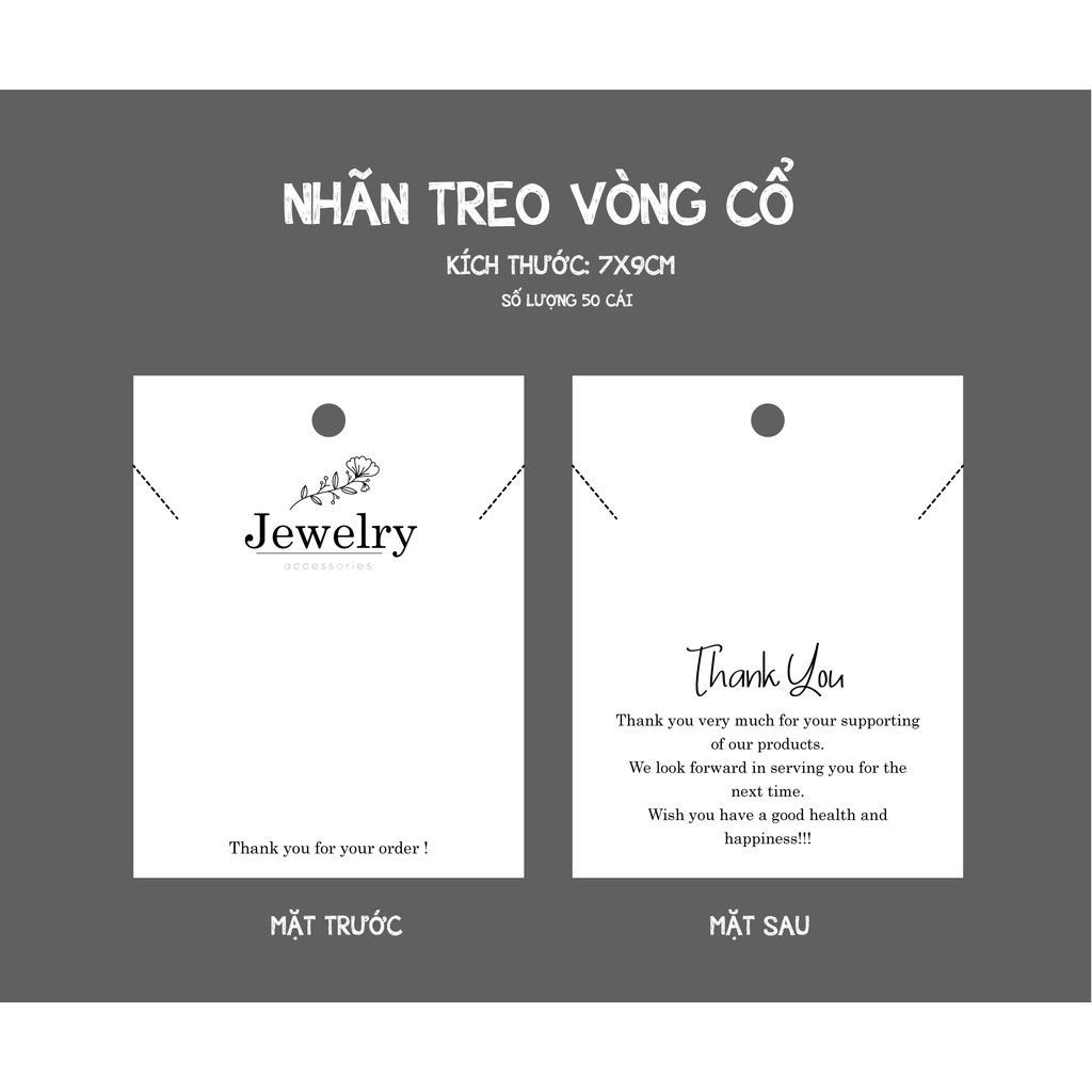 Combo 50 Bìa, Nhãn mác tag treo dây chuyền, vòng cổ, giấy bìa cứng, cán màng chống thấm nước, size 7x9cm