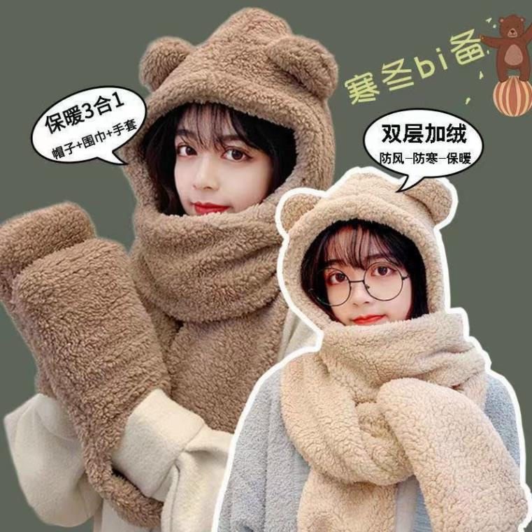 [LOẠI 1] Mũ lông cừu tai gấu kèm khăn quàng cổ và găng tay ấm áp ulzzang Hàn Quốc..