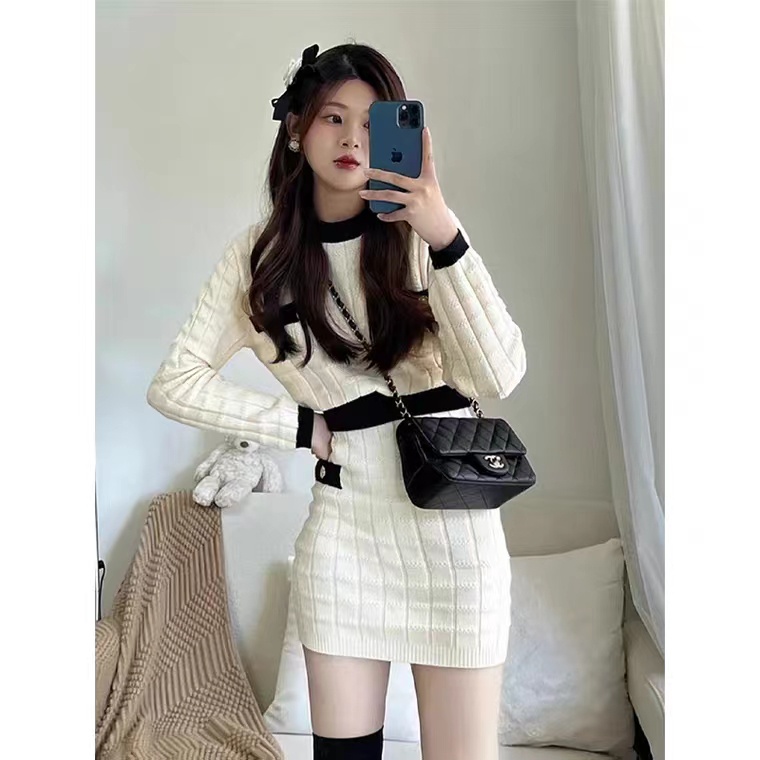 SUXI Bộ Áo Dệt Kim Dài Tay + Chân Váy Mini Thời Trang Hàn Quốc Trẻ Trung