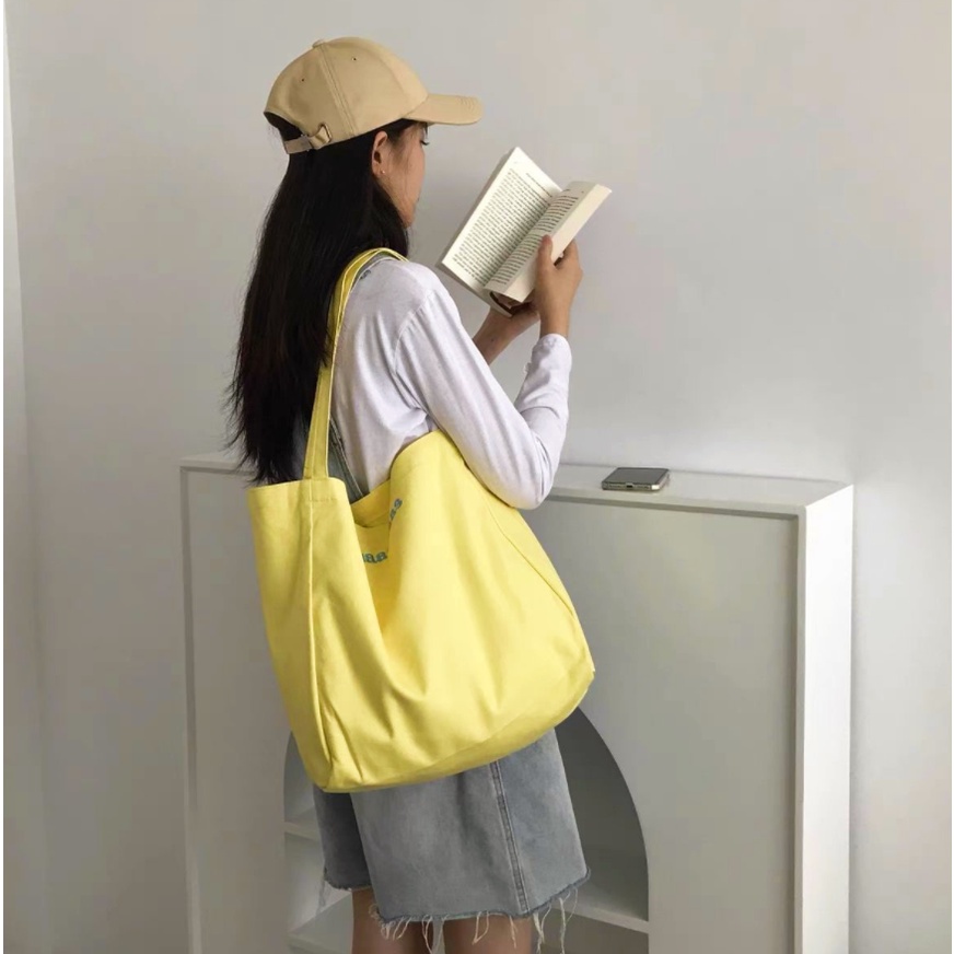 Túi Xách Canvas Màu Trơn Thêu Chữ Phong Cách Thời Trang Hàn Quốc