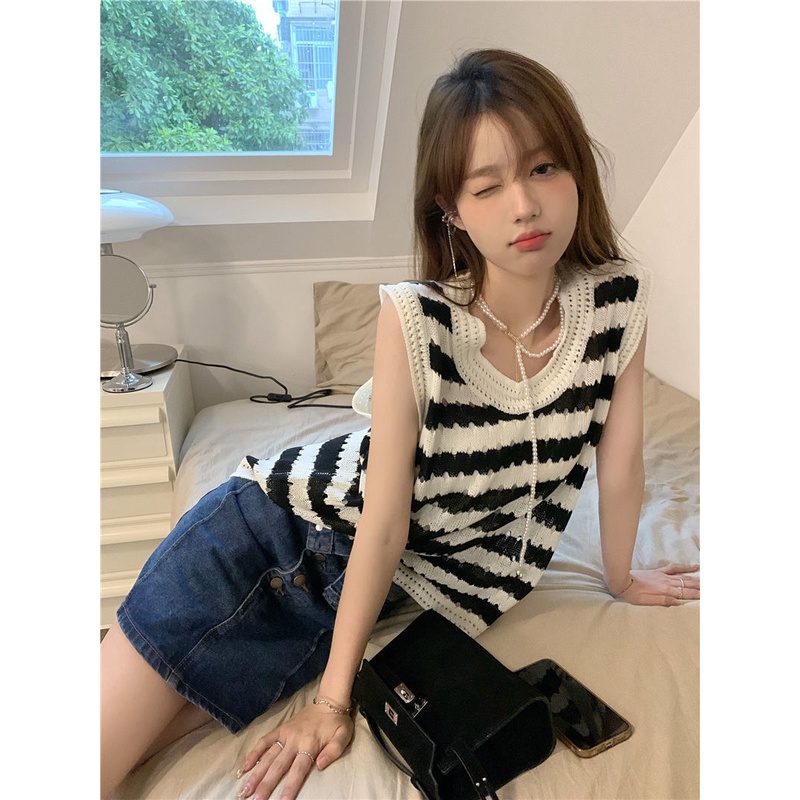 Áo Tank Top Dệt Kim Sát Nách Dáng Rộng Kẻ Sọc Đen Thời Trang Mùa Hè