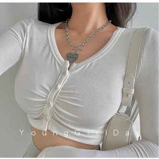 Áo Croptop Thun Gân Tay Dài Nút