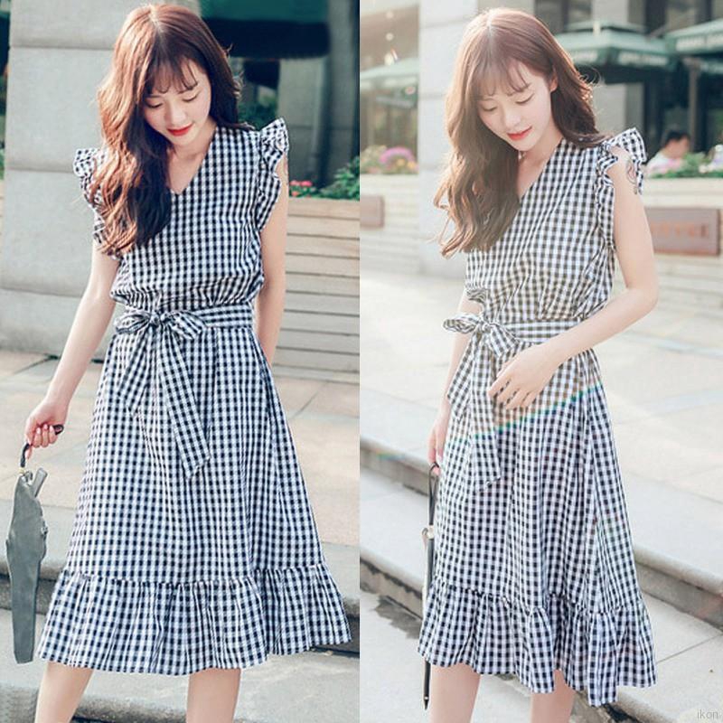 Đầm dáng rộng tay cánh tiên kẻ ca rô quyến rũ