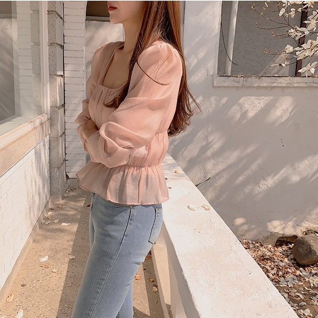 Áo Kiểu Tay Dài Cổ Vuông Chiết Eo Trong Suốt Thời Trang Mùa Thu Xinh Xắn Cho Nữ