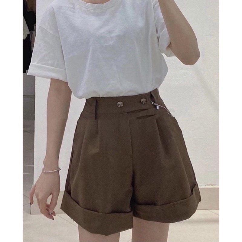 Quần short vải cạp cao LƯNG CHUN cạp lệch 2 cúc GẬP GẤU 3 màu vintage