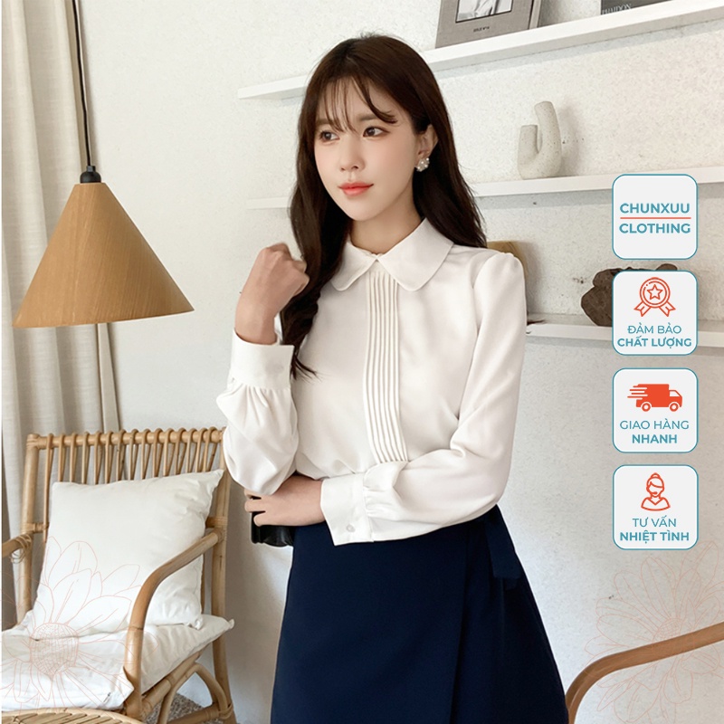 Áo sơ mi nữ trắng dài tay xếp ly Chunxuu thời trang công sở chất Lụa Hàn cao cấp - SP27