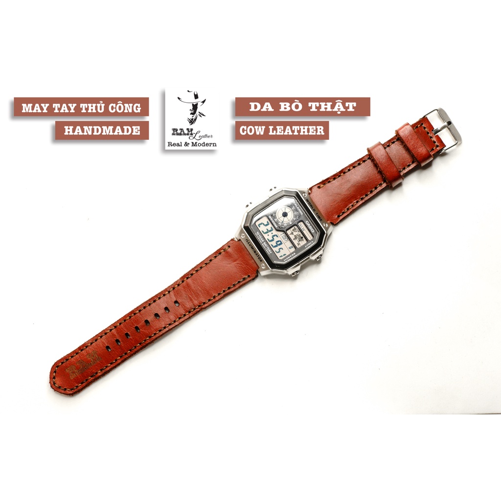 Dây đồng hồ RAM Leather 1982 cho CASIO 1200, AE 1200, 1300, 1100, A159 , A168 , Size 18 da bò thật đỏ đô
