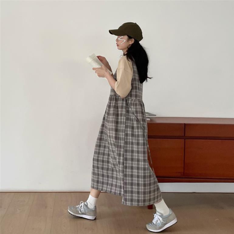 Đầm Maxi dây Dễ thương Kẻ sọc caro Form rộng Mùa Hè Ulzzang Hàn Quốc Váy Midi dài Cute Tiểu thư Thời trang  ྇