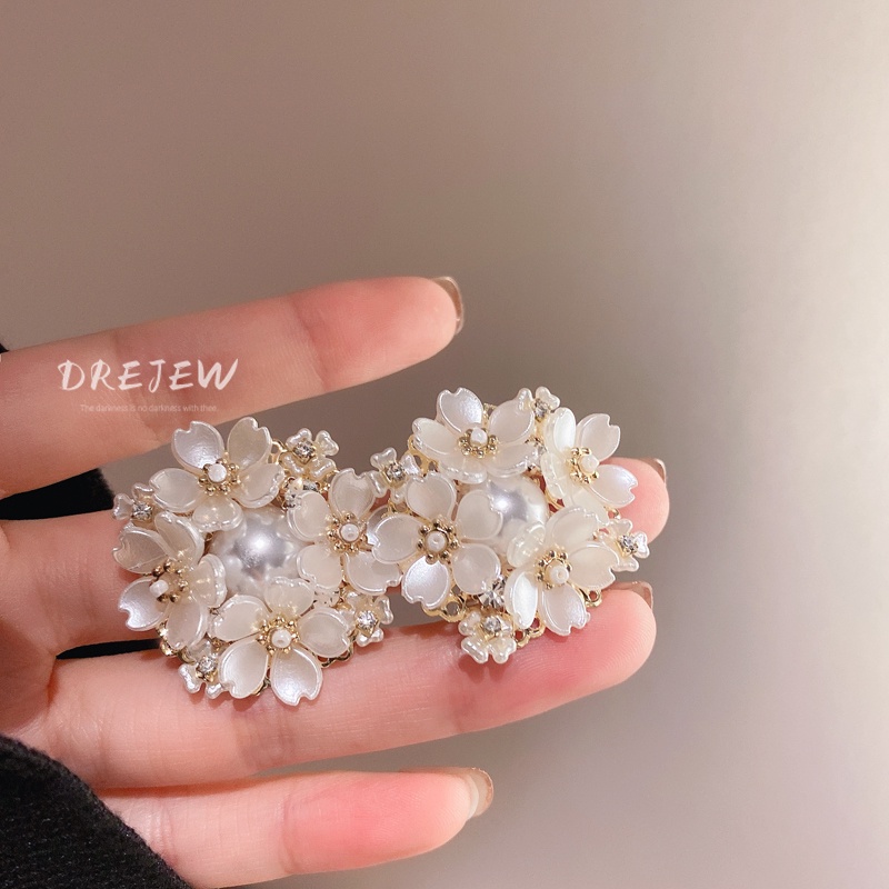 DREJEW Khuyên tai mạ vàng/ bạc hình hoa đính ngọc trai phong cách mori Pháp ngọt ngào