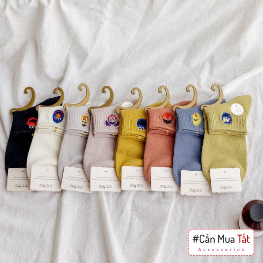 Tất nữ cổ ngắn trơn màu thêu hình cá tính, vớ nữ cổ ngắn chất cotton co dãn thoáng khí cao cấp 86139