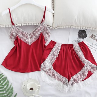 Bộ đồ ngủ lụa satin mềm cao cấp bigsize 40-65kg sexy phối ren trắng - VN155200