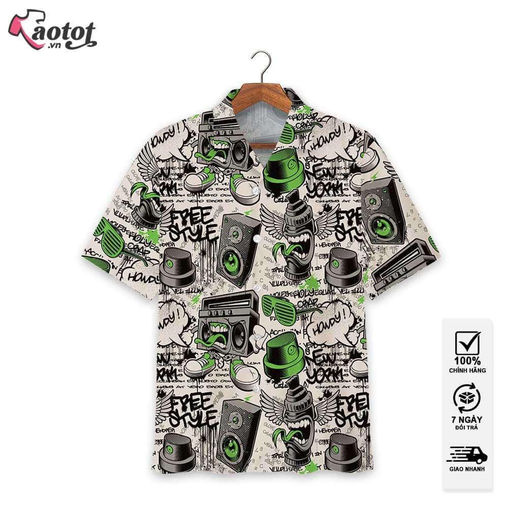 Áo Sơ Mi Hoạ Tiết Graffiti Âm Nhạc, Áo Sơ Mi Nam Hawaii Du Lịch