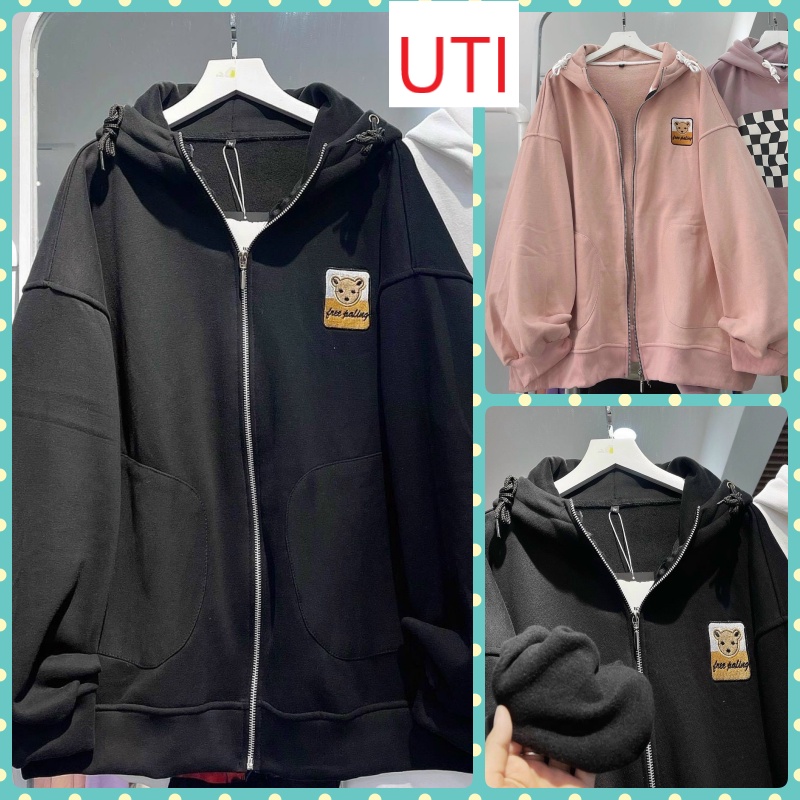 ÁO KHOÁC HOODIE NỈ NGOẠI NAM NỮ FORM RỘNG UNISEX DÂY KÉO THÊU CON GẤU FREE CÁ TÍNH MÀU ĐEN HỒNG DÀY DẶN CAO CẤP UTI