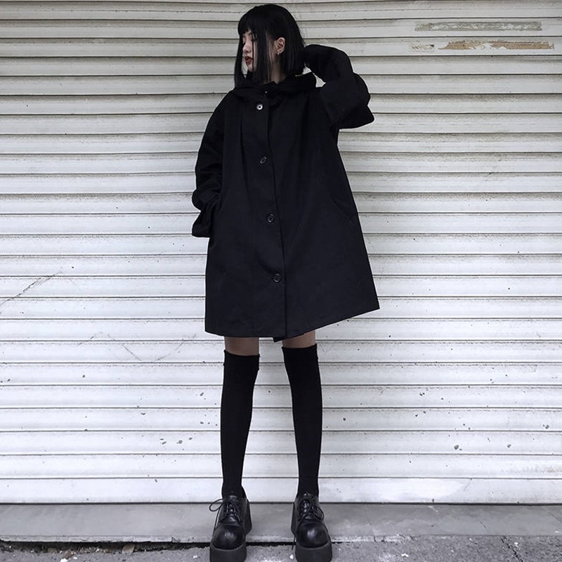 Áo khoác nữ màu đen tay dài có nón có cúc áo kiểu dài ulzzang