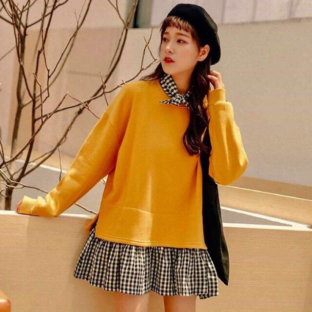 [Mã WAMST111 giảm 15k đơn 99k] ✅ÁO NỈ VÁY PHỐI KẺ KARO CÁ TÍNH | BigBuy360 - bigbuy360.vn