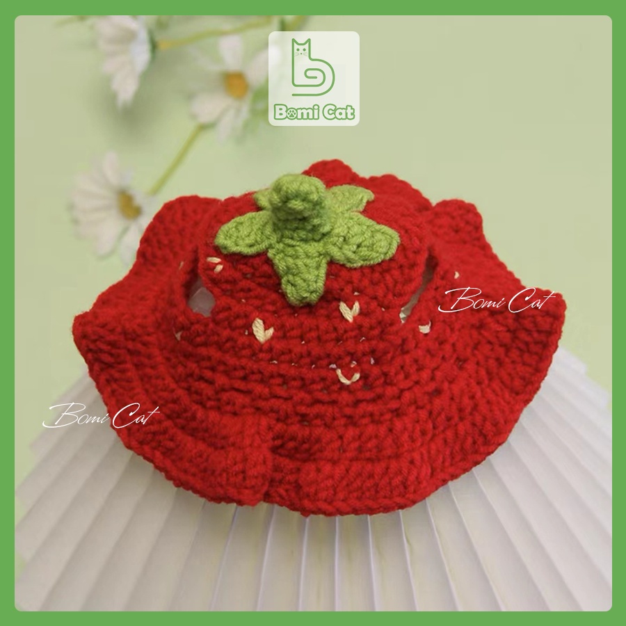 Mũ len cho mèo handmade hình quả dâu đủ size S, M, L đến 10kg