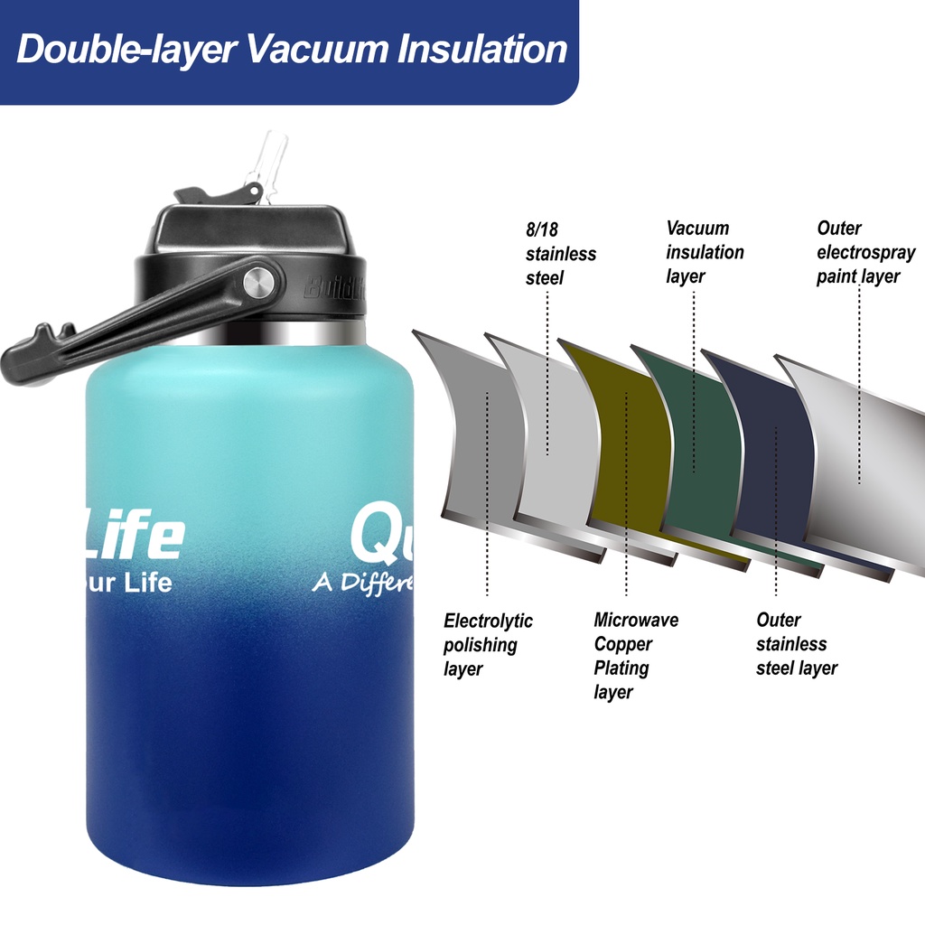 Bình nước giữ nhiệt QuiFit bằng thép không gỉ 2L không BPA có ống hút