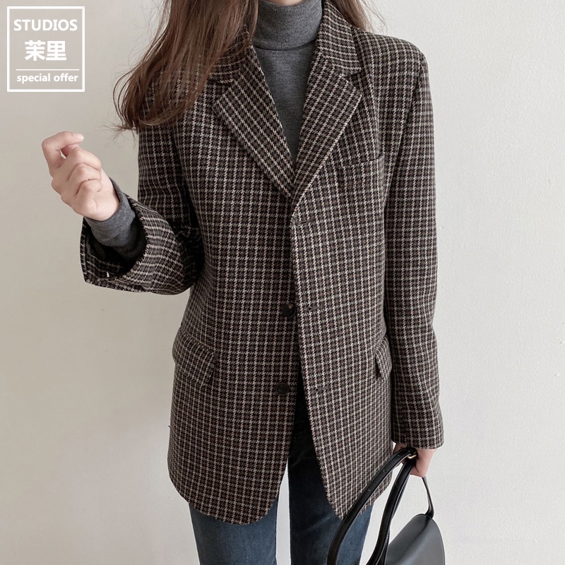 Ảnh thật 2 hình cuối-HC842.Áo khoác dạ houndstooth thu đông phong cách Hàn Quốc