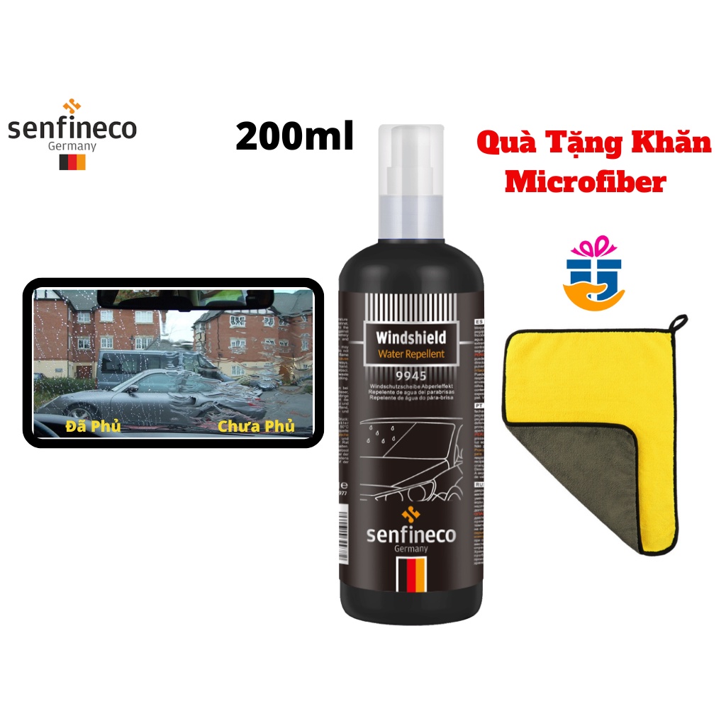 Chống Bám Nước Kính Lái Ô tô Senfineco 9945, Chống Bám Nước Kính Xe 100ml Tặng Khăn Microfiber