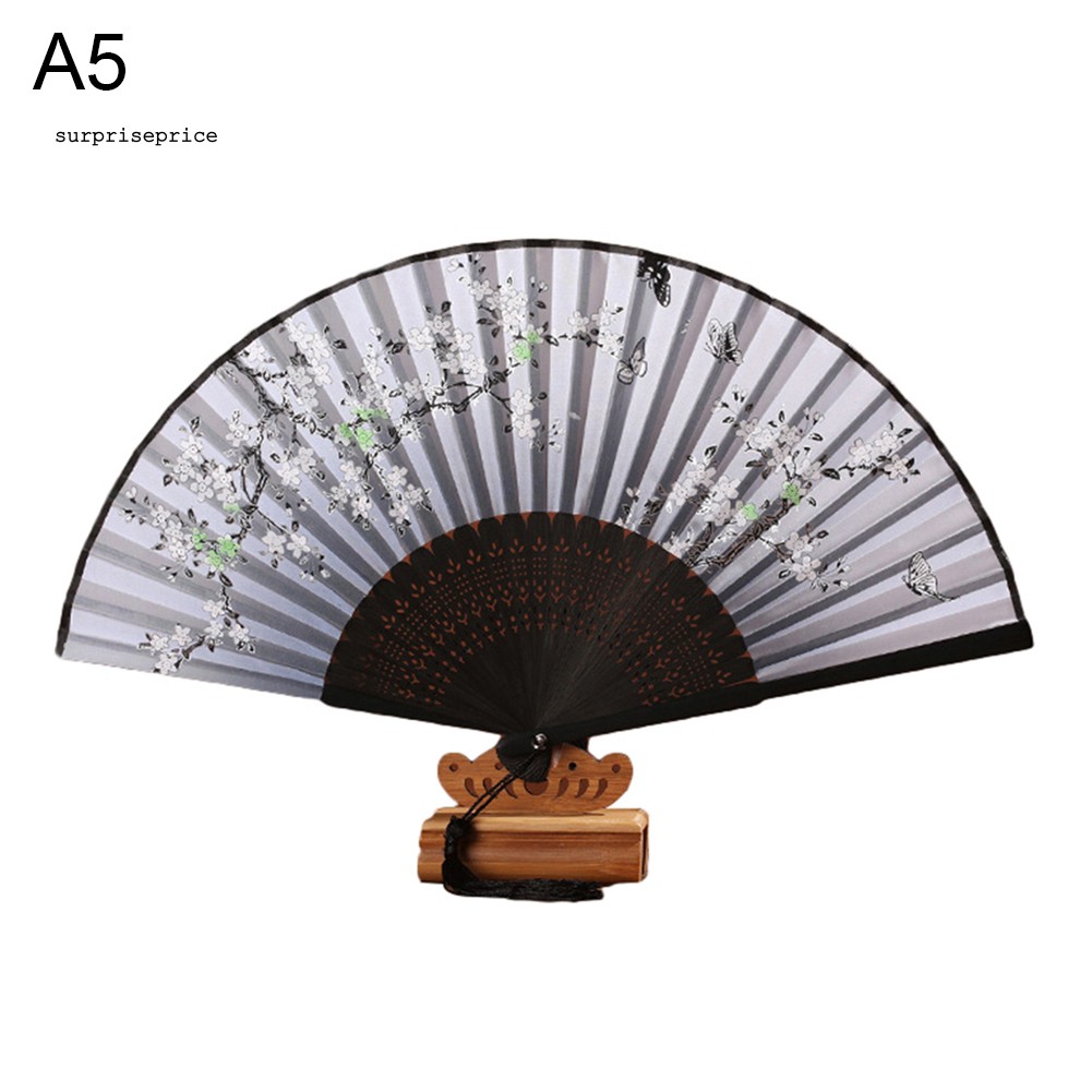 Quạt xếp cầm tay bằng tre với họa tiết hoa anh đào phong cách vintage