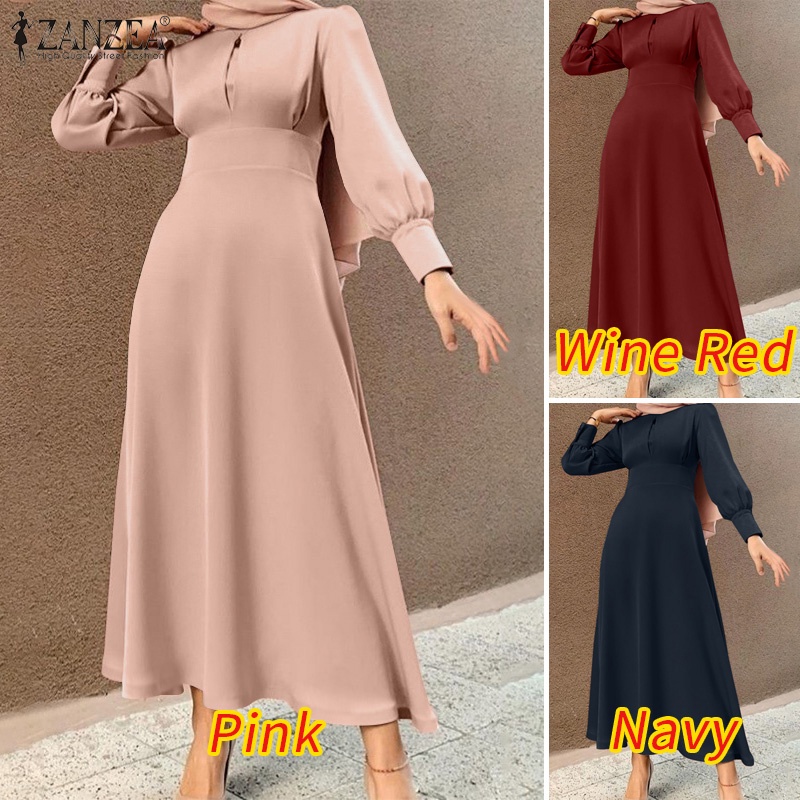 Đầm maxi nữ Zanzea tay dài màu trơn nhấn eo thời trang