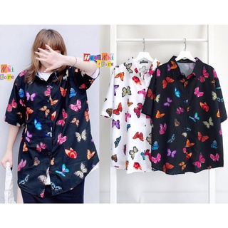 Áo sơ mi họa tiết bướm tay lỡ dáng rộng ulzzang unisex, sơ mi đi biển - mm