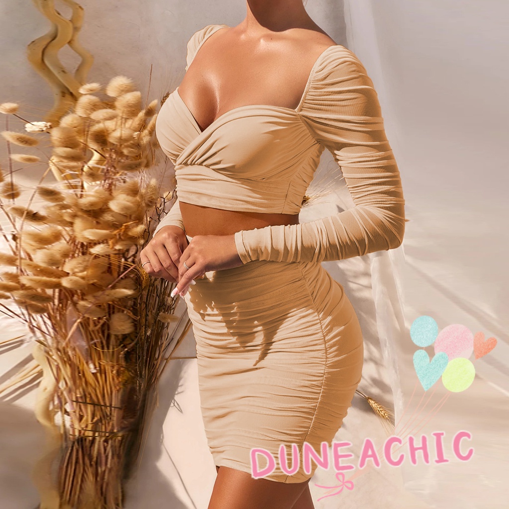 Set Áo Thun Lửng Cổ Vuông Hở Lưng + Chân Váy Ôm 2 Dây Thời Trang Nữ