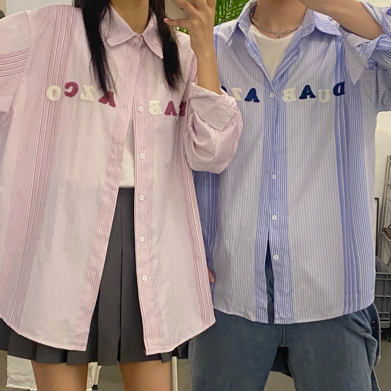 Áo Sơ Mi Tay Dài Kẻ Sọc Hoạ Tiết Chữ Thêu Phong Cách Hàn Quốc
