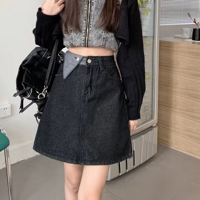 Chân váy cạp cao chữ A, chân váy jeans kaki dáng ngắn_v9