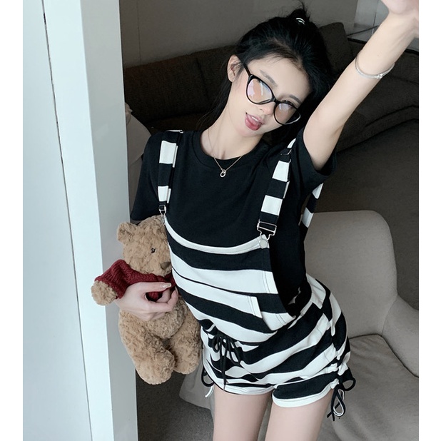 Jumpsuit Dây Rút Kẻ Sọc Dáng Rộng Tay Ngắn Thời Trang Mùa Hè Cho Nữ