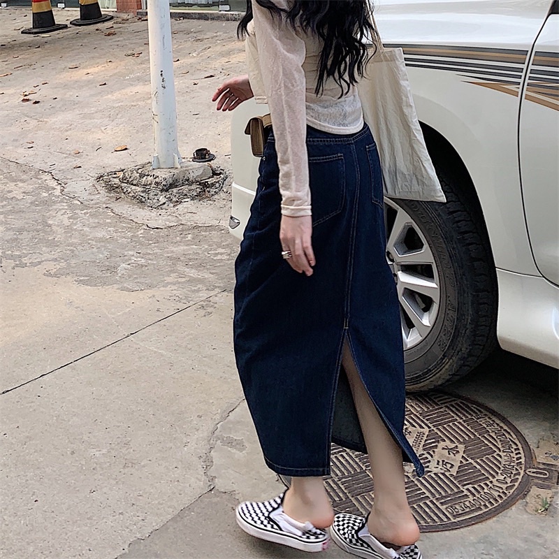 Chân váy bò dài xanh đậm